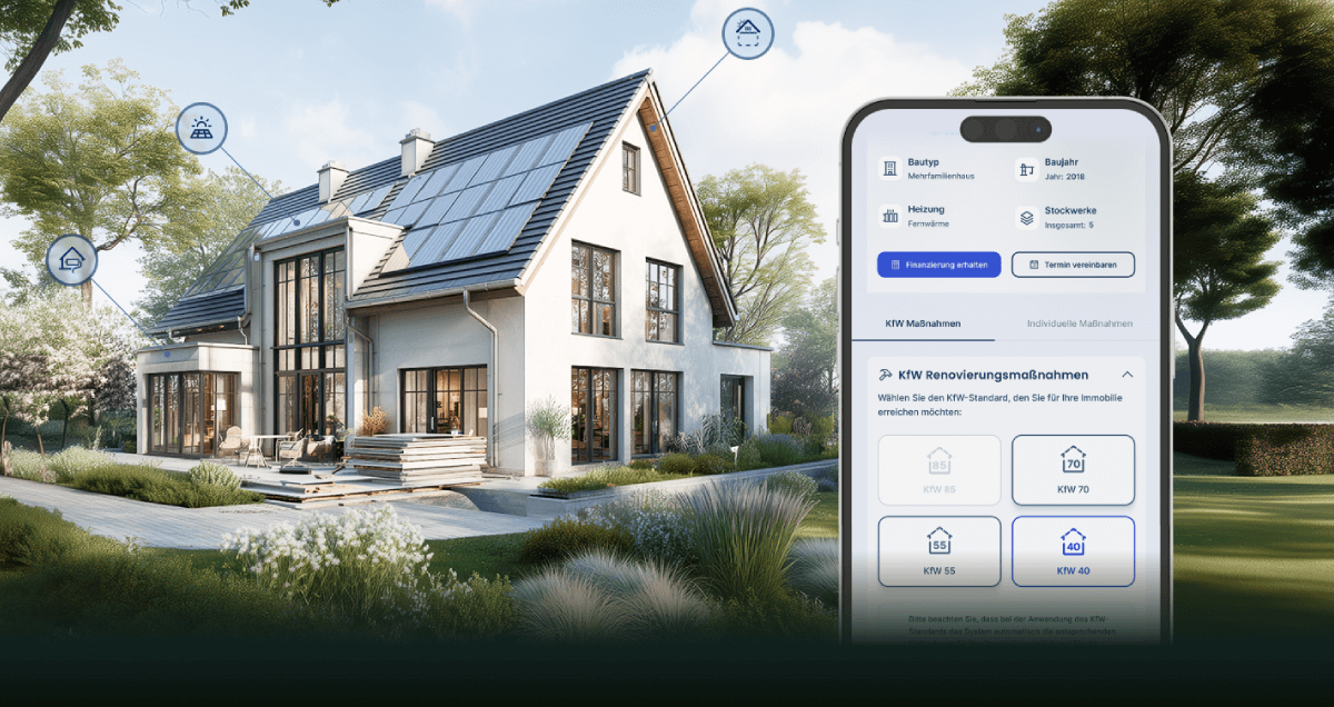 Haus im Hintergrund, davor Smartphone mit Optionen